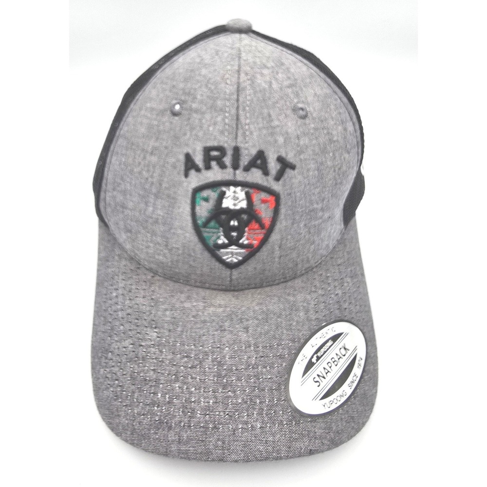 Ariat‎ Mens Snapback Trucker Mexico Hat Gray Mesh Logo Cap Yupoong Adjustable